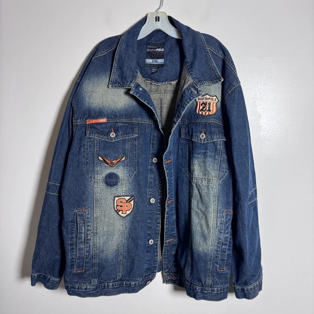 Southpole‎ Denim Jacket Mens XXL Blue Solid Patched Streetwear Hip Hop Y2K